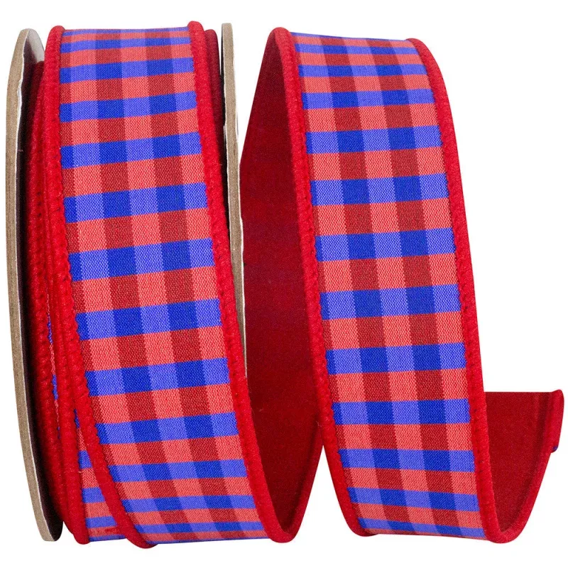 1.5 Inch Check Deluxe Red Dupioni Backed Wired Edge – Red/Blue