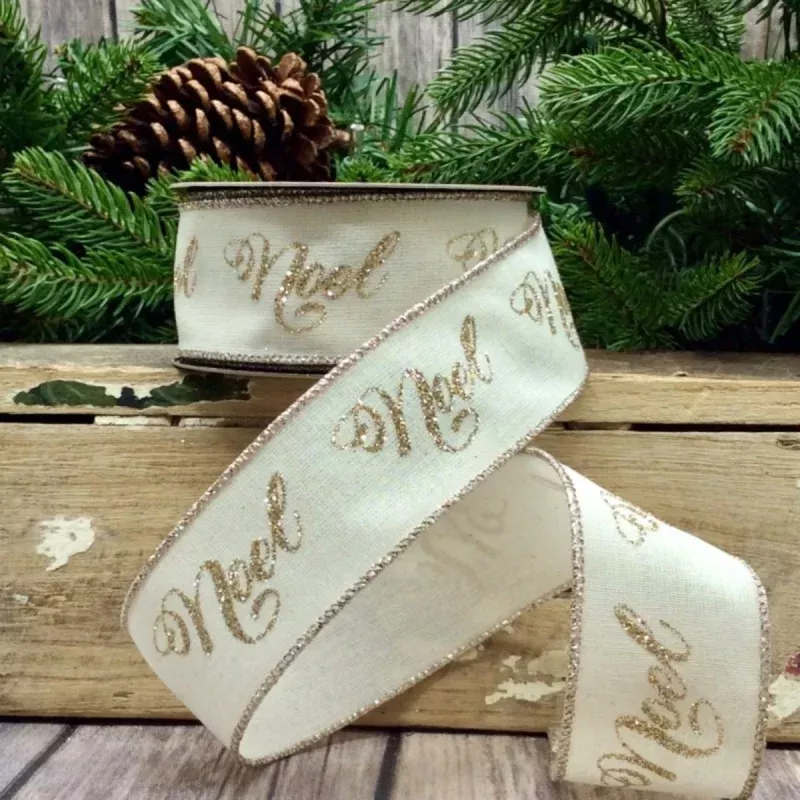 1.5 x 10yds Cotton Linen Platinum Glitter Noel, Ivory