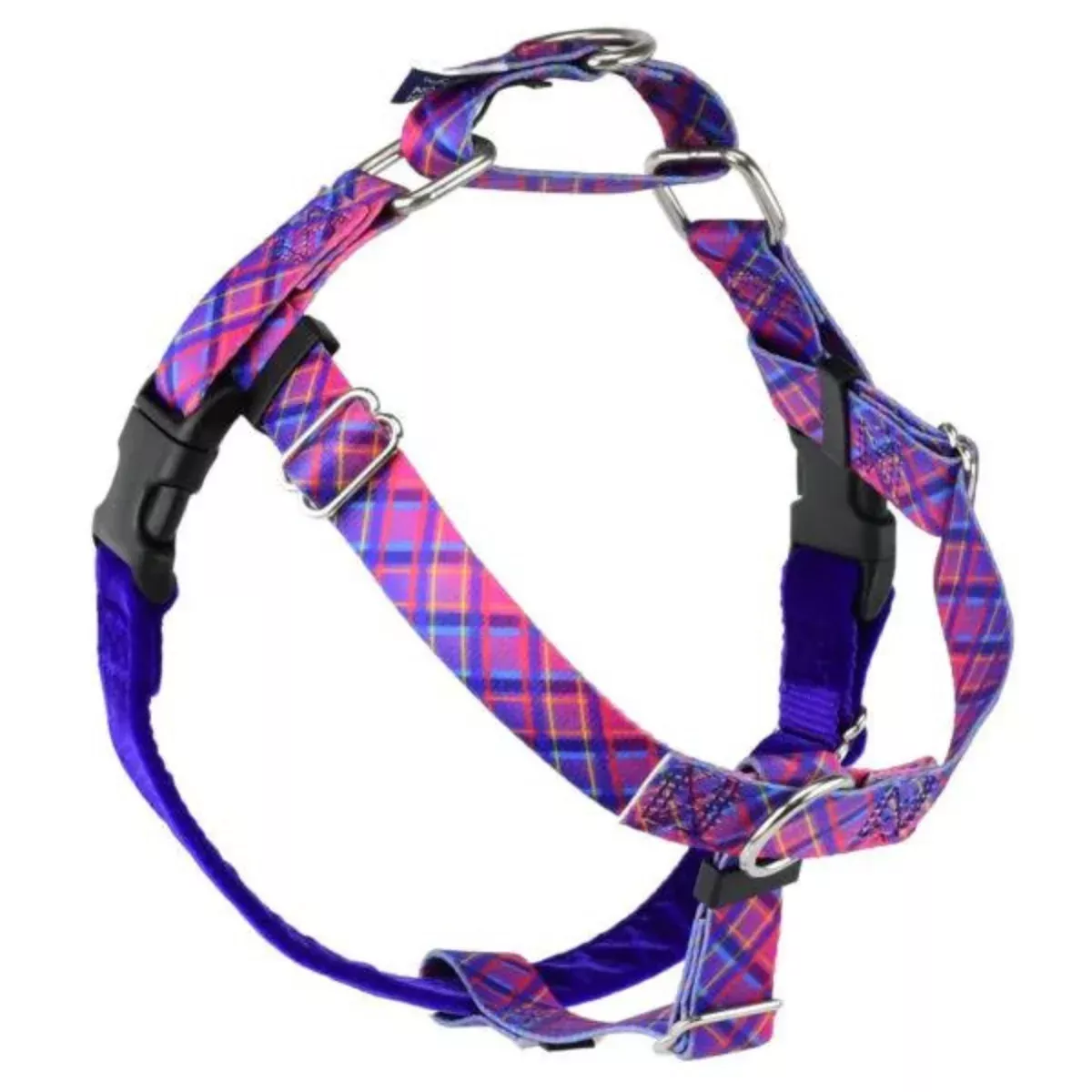 2 Hounds Design Freedom No-Pull Dog Harness – Large 1″ x 28-32″ – Neon Sunrise Pink Plaid