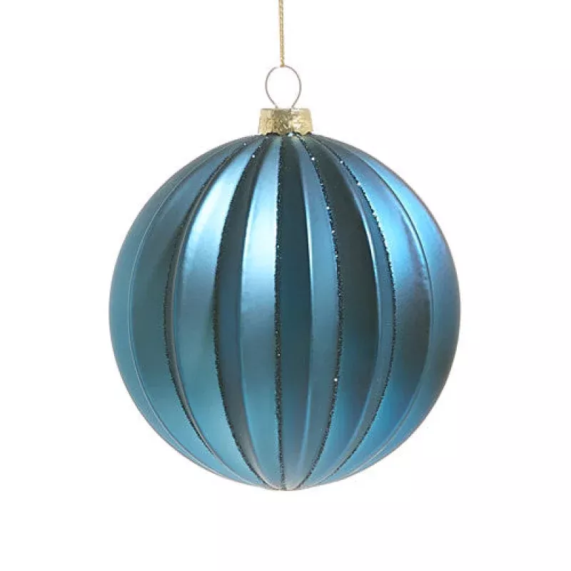 4 Blue Ribbed Ball Ornament