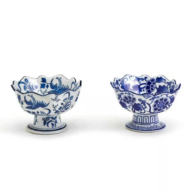 Blue and White Scalloped Edge Hand-Painted Footed Bowl – Sold Individually
