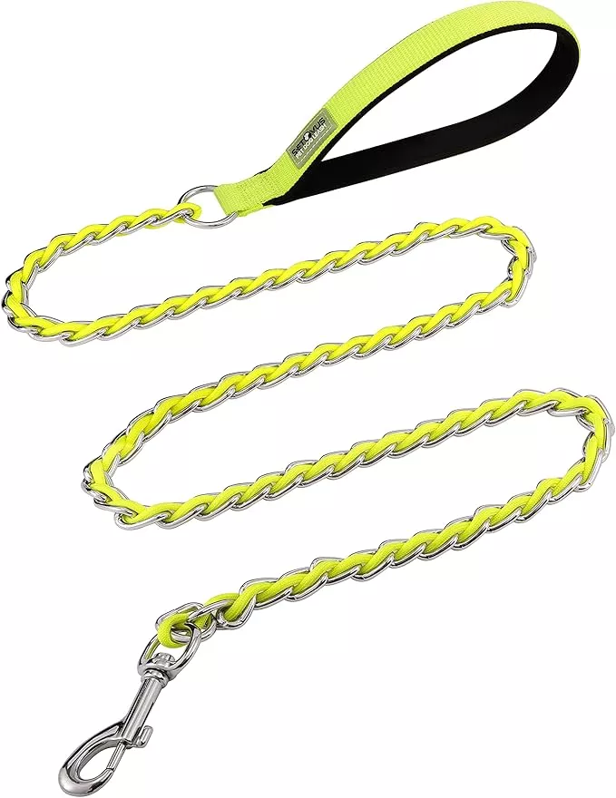 Chew Proof Metal Leash Chain Dog Leash for Medium Large Dogs, Chain Link Anti Chew 4FT Strong Anti Bite Comfortable Soft Padded Handle Black