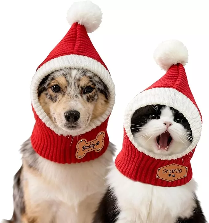 Custom Dog Beanie with Leather Patch Name, Personalized Santa Hat for Dog, 2025 Christmas Hats for Dog & Cat, Pom Pom Winter Hat for Small Medium Large Dogs Cats