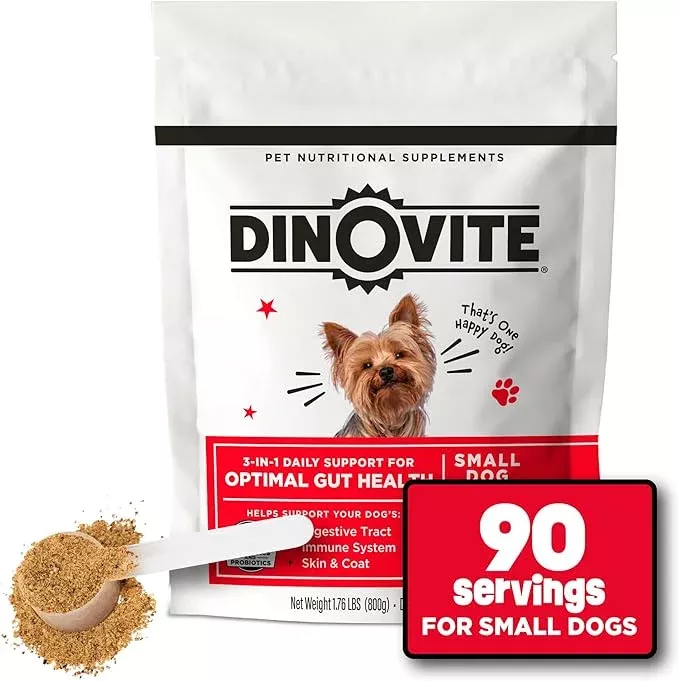 Dinovite Dog Probiotics for Yeast, Itchy Skin and Itchy Ears – Daily Skin & Coat, Digestive, and Immune Support for Small Dogs 1-18lbs – 90-Day Supply, Omega 3 Fatty Acids, Essential Pre & Probiotics