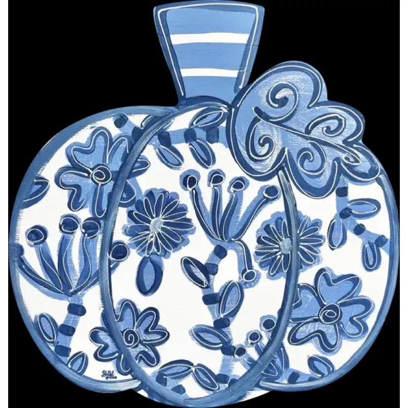 Door Hanger – Wood White Pumpkin With Blue Designs