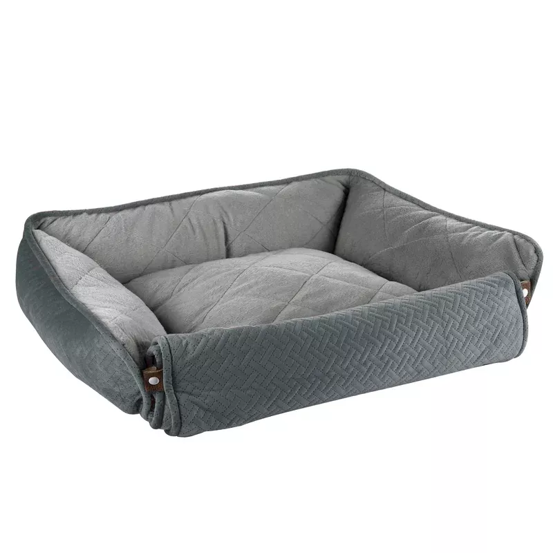 Dream Paws Super Soft Grey Quilted Bolster Dog Bed with Fold-Out Blanket