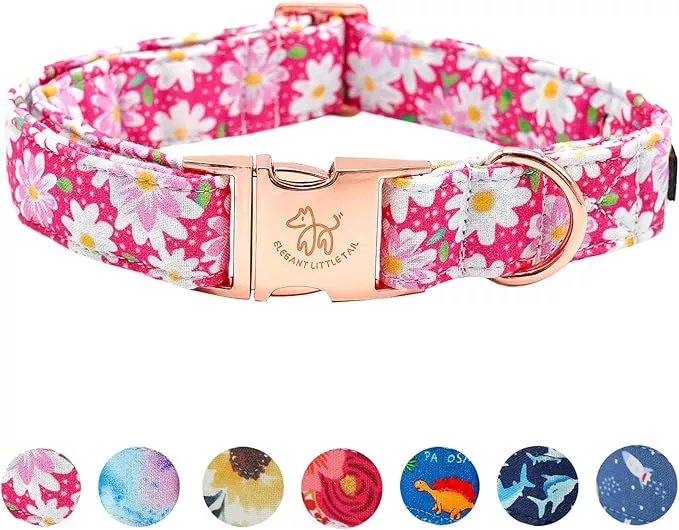 Elegant little tail Dog Collar, Pink Floral Pattern Pet Collar Durable Cute Dog Collars Summer Female Pet Gift Adjustable Dog Collar for Small Dogs