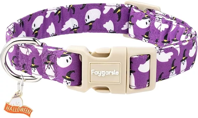 Faygarsle Halloween Dog Collar with Charm, Purple with Ghost Pattern, Adjustable Pet Collar for Small Medium Large Dogs XS