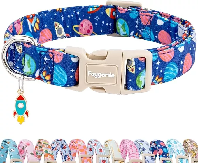 Faygarsle Space Theme Dog Collar, Navy Blue with Rockets and Planets Pattern for Summer Small Medium Large Dogs L