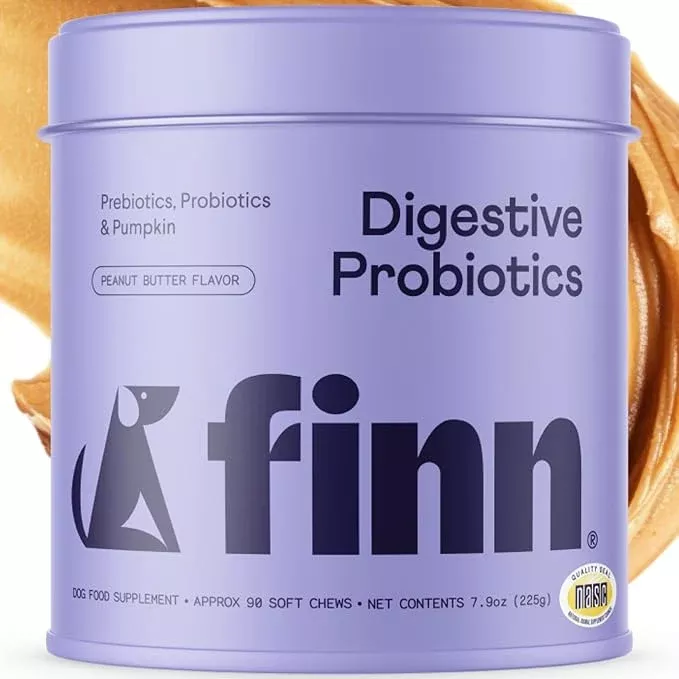 Finn Digestive Probiotics for Dogs – Complete Digestive System Support with Pumpkin, Prebiotics, & Live Probiotics – Vet Recommended & Made in The USA – 90 Soft Chews (Peanut Butter)