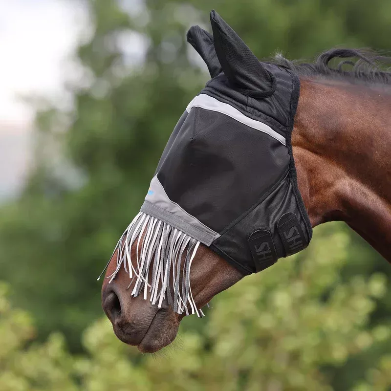 Flyguard Pro Fine Mesh Horse Fly Mask with Ears & Nose Fringe, Black