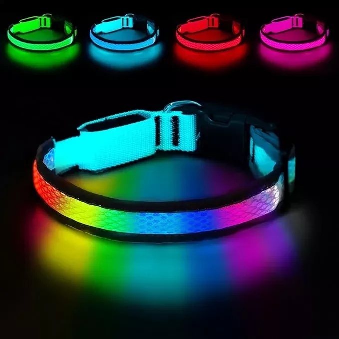 LED Dog Collar, Light Up Dog Collar USB Rechargeable, Nylon Adjustable Comfortable Soft Bright RGB 7 Colors Changeing Safety Light Glowing Collar for Medium and Large Dogs(Large,Blue)