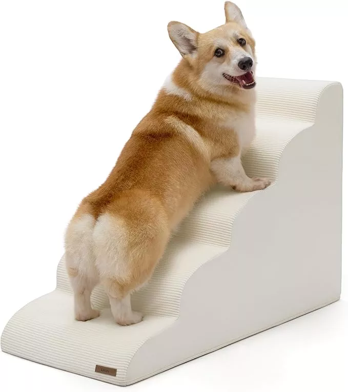 Lesure Dog Stairs for High Bed Pet Steps Ramp for Small Dogs with CertiPUR-US Certified Foam with Non-Slip Bottom, Beige, 5 Steps