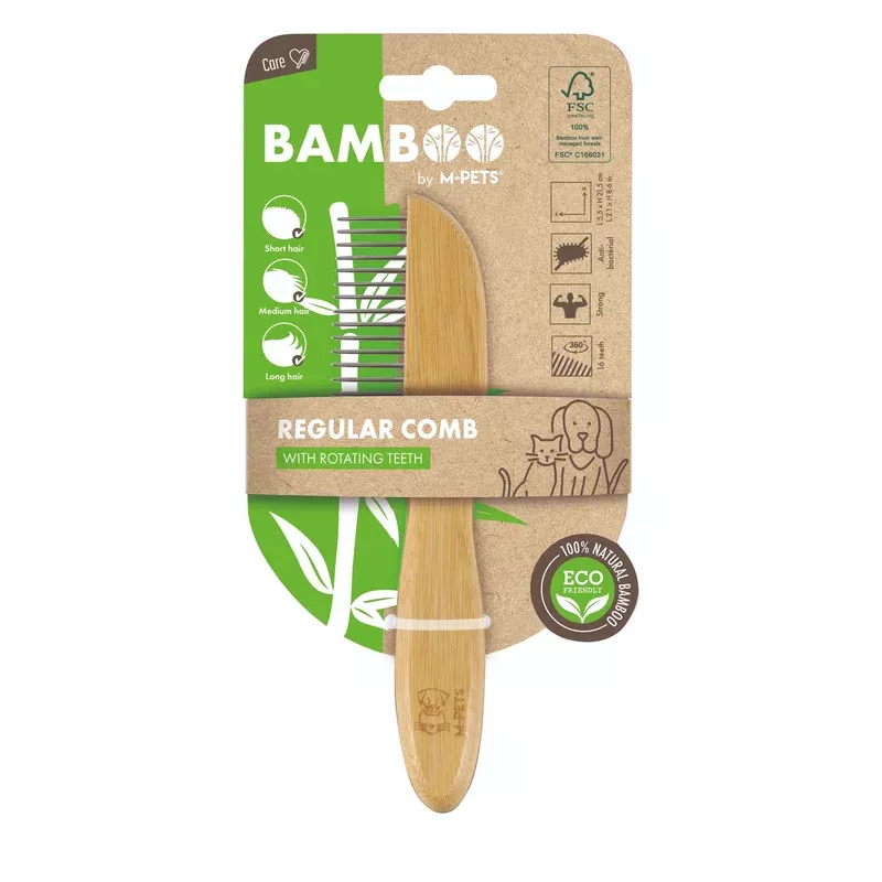M-Pets Bamboo Regular Comb with Rotating Teeth for Dogs & Cats