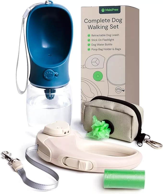 MalsiPree Complete Dog Walking Set – 9.8ft Retractable Leash Set with 20 Poop Bag and Dispenser, Leakproof Dog Water Bottle 12oz & Flashlight – Essential Walking Accessory for Small to Medium Dogs