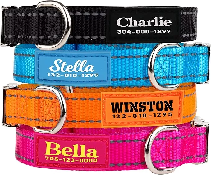 PAWBLEFY Personalized Dog Collars – Reflective Nylon Collar Customized with Name and Phone Number Adjustable Sizes for Small Dogs, Medium, Large 4 Colors Male Female boy Girl Puppies