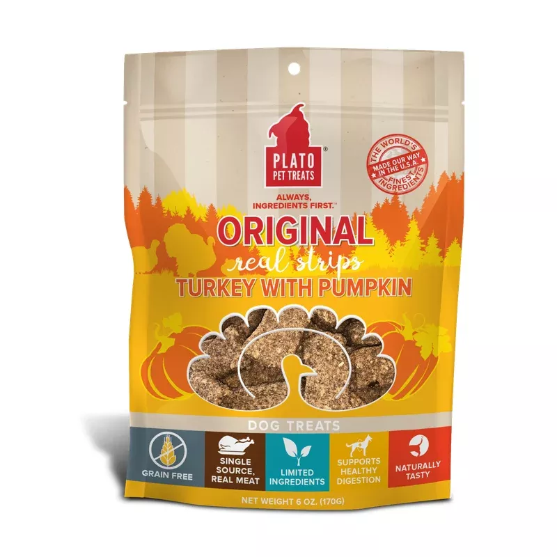 Plato Real Strips Grain Free Meat Bar Dog Treats, Turkey And Pumpkin Recipe