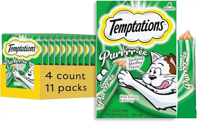 Temptations Creamy Puree Mix-Ups Squeezable Lickable Wet Cat Treats, Seafood Medley Flavor, 0.42 oz. Tubes, 16 Count