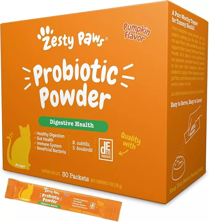 Zesty Paws Probiotics for Cats – Powder Meal Topper for Digestive, Immune System Support for Feline Biome – Premium DE111 Cat Probiotics for Digestive Health – Fiber & Yeast Extract – Pumpkin – 30 Ct