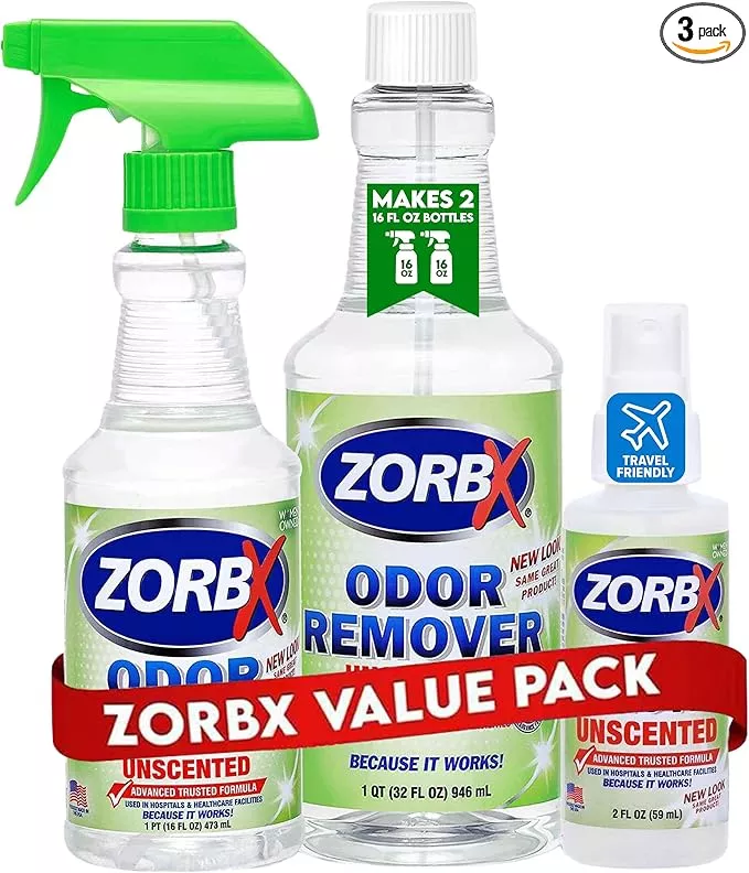 ZORBX Unscented Multipurpose Odor Eliminator 3 items Bundle: 2 Oz + 16 Oz + 32 Oz – Used in Hospitals & Healthcare Facilities – Advanced Trusted Formula – Perfect Bundle to Get Rid of Unpleasant Odors